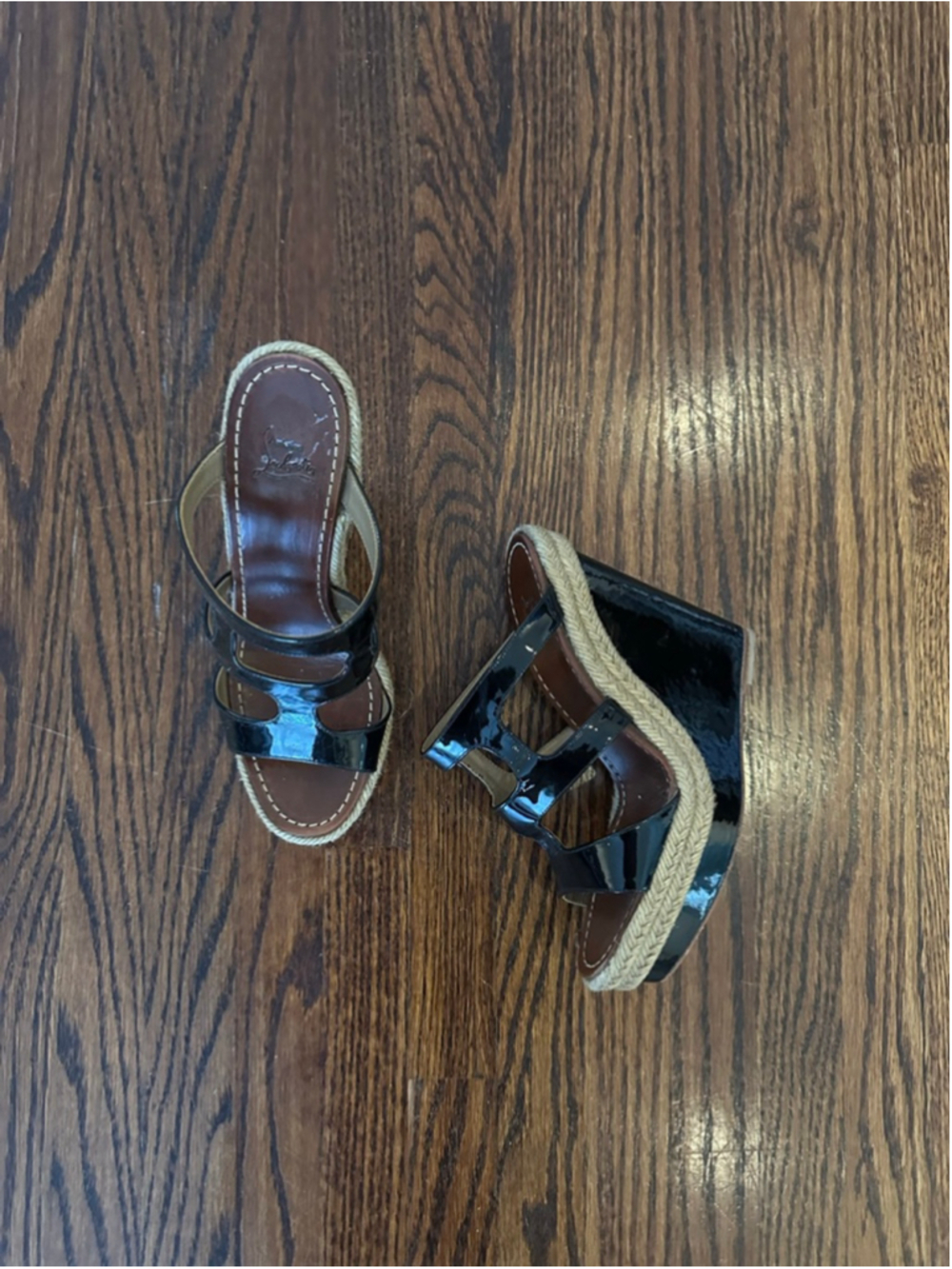 Women's Christian Louboutin Black Patent Leather Wedge Sandals Size 37